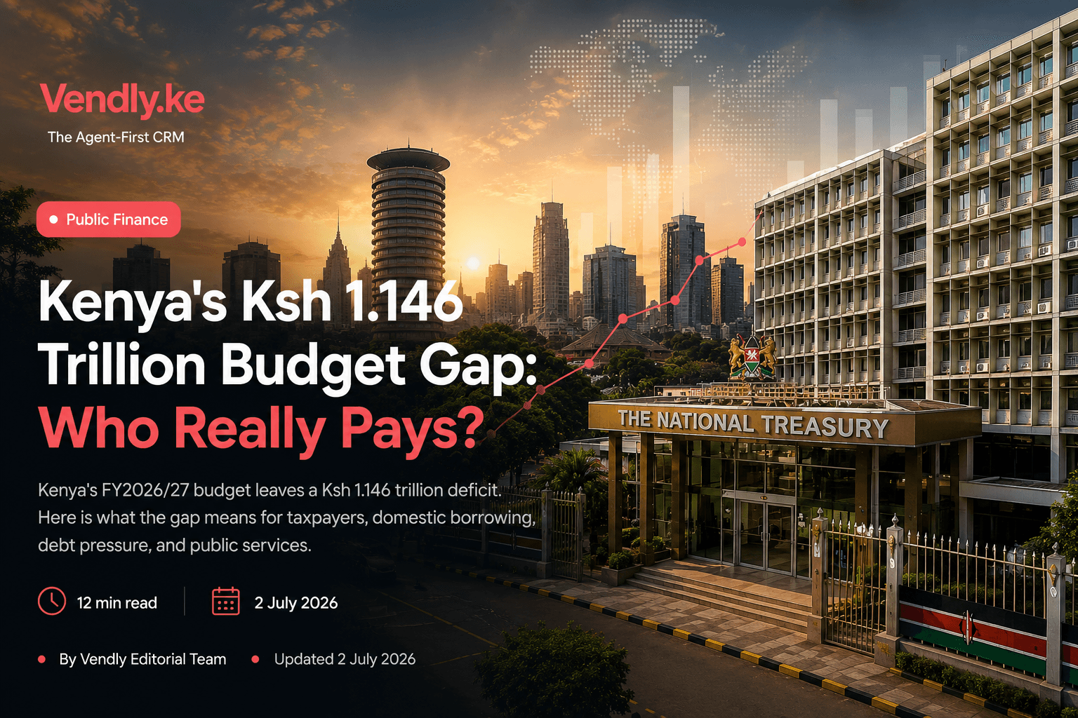 Vendly editorial feature image showing Nairobi, the National Treasury, and Kenya's FY2026/27 budget gap headline