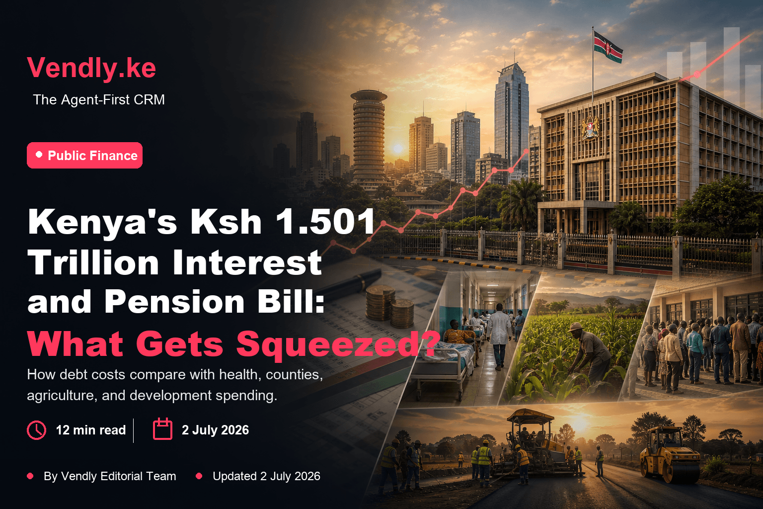 Vendly editorial feature image showing Kenya's FY2026/27 interest and pension bill compared with health, agriculture, counties, and development spending