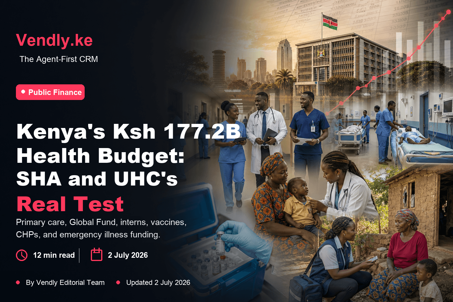 Vendly editorial feature image showing Kenya's FY2026/27 healthcare budget, SHA, UHC, primary healthcare, vaccines, health interns, and Community Health Promoters
