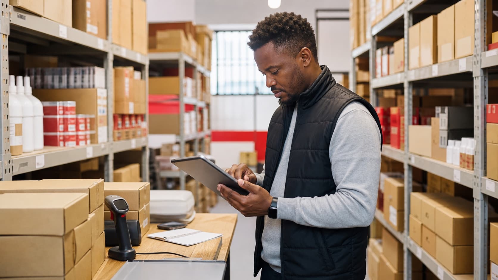 Operations manager checking warehouse stock with a tablet